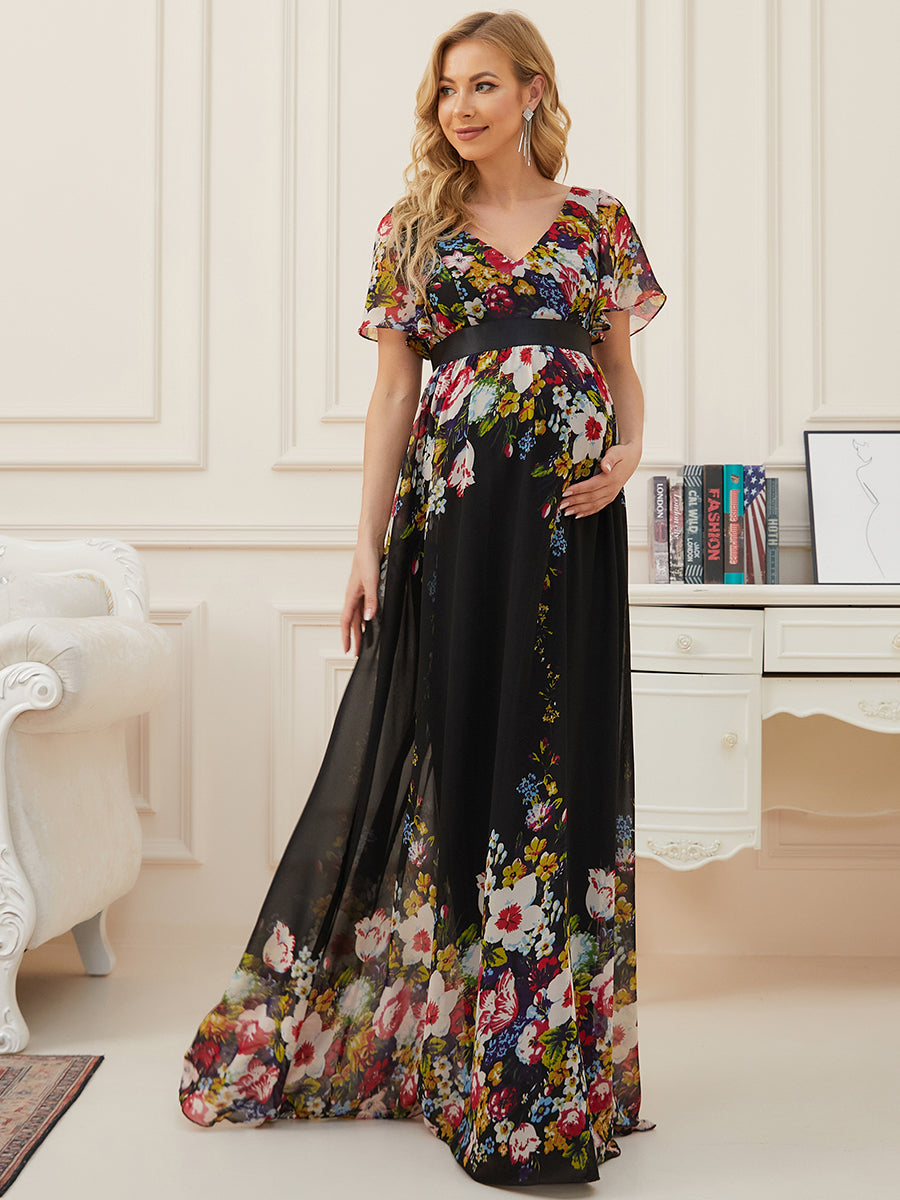 Color=Black and printed | Pretty Deep V Neck Short Sleeves Wholesale Maternity Dresses-Black and printed 1