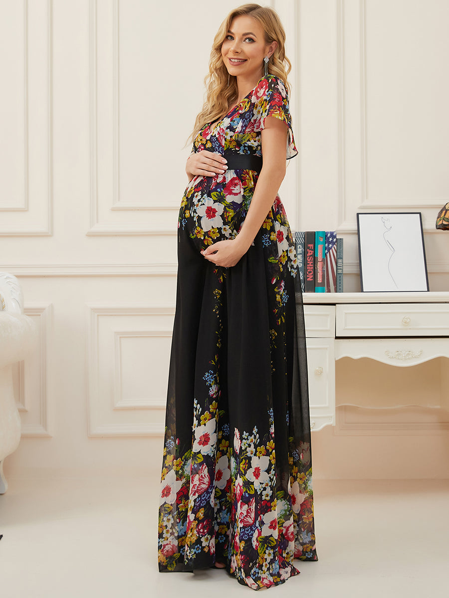 Color=Black and printed | Pretty Deep V Neck Short Sleeves Wholesale Maternity Dresses-Black and printed 3
