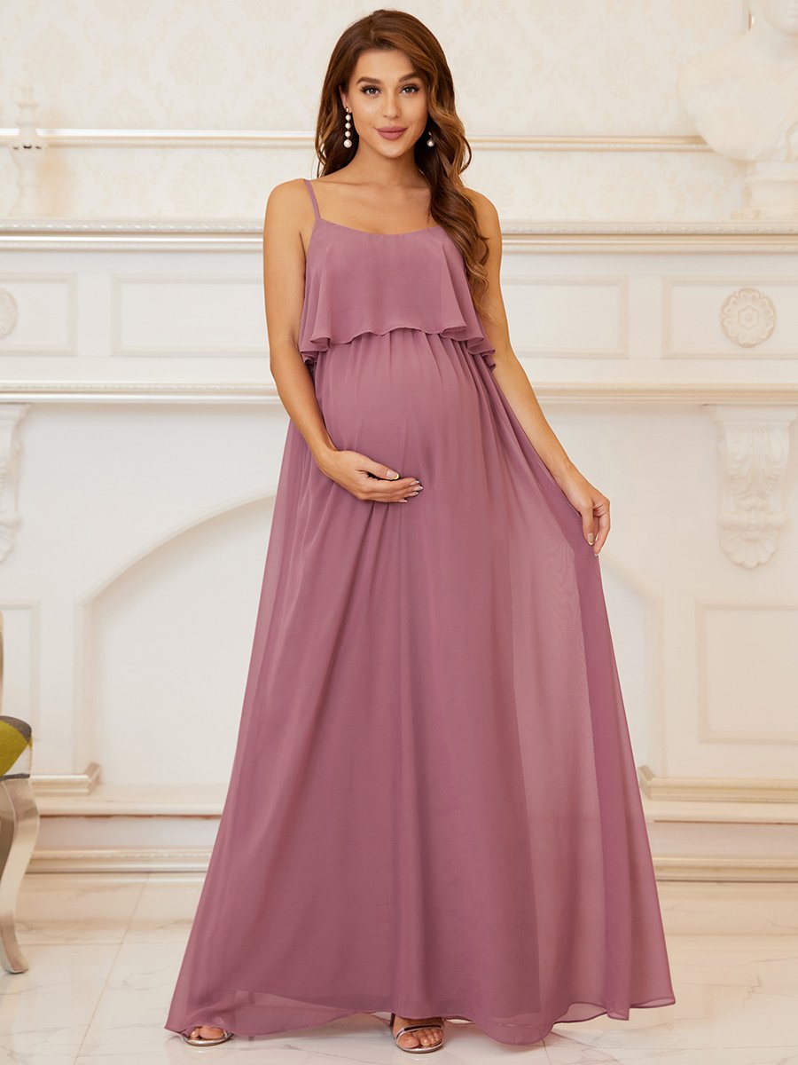 Color=Orchid | A Line Floor Length Swinging Collar Wholesale Maternity Dresses-Orchid 1
