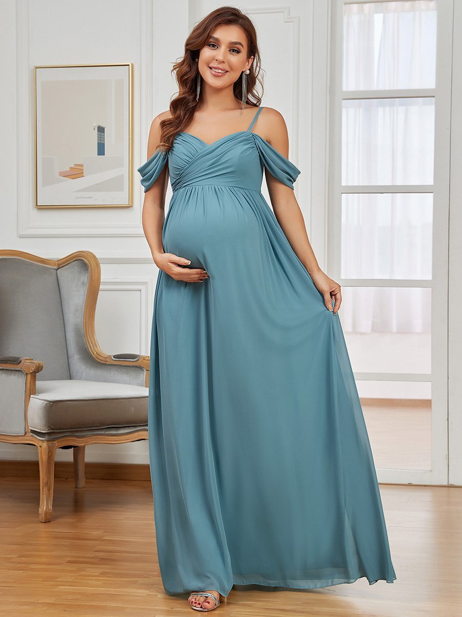 Color=Dusty Blue | Adorable A Line Off Shoulder Wholesale Maternity Dresses-Dusty Blue 4