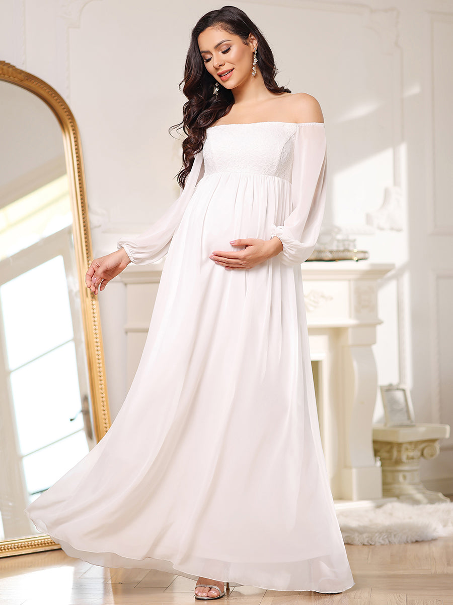 Color=Cream | Lantern Sleeves A Line Floor Length Wholesale Maternity Dresses-Cream 4