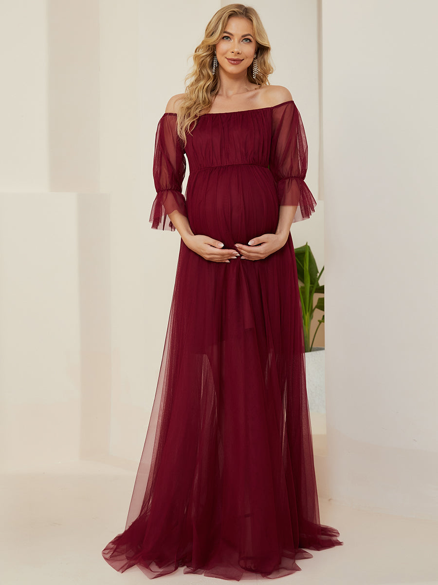 Color=Burgundy | A Line Short Puff Sleeves Wholesale Maternity Dresses-Burgundy 4