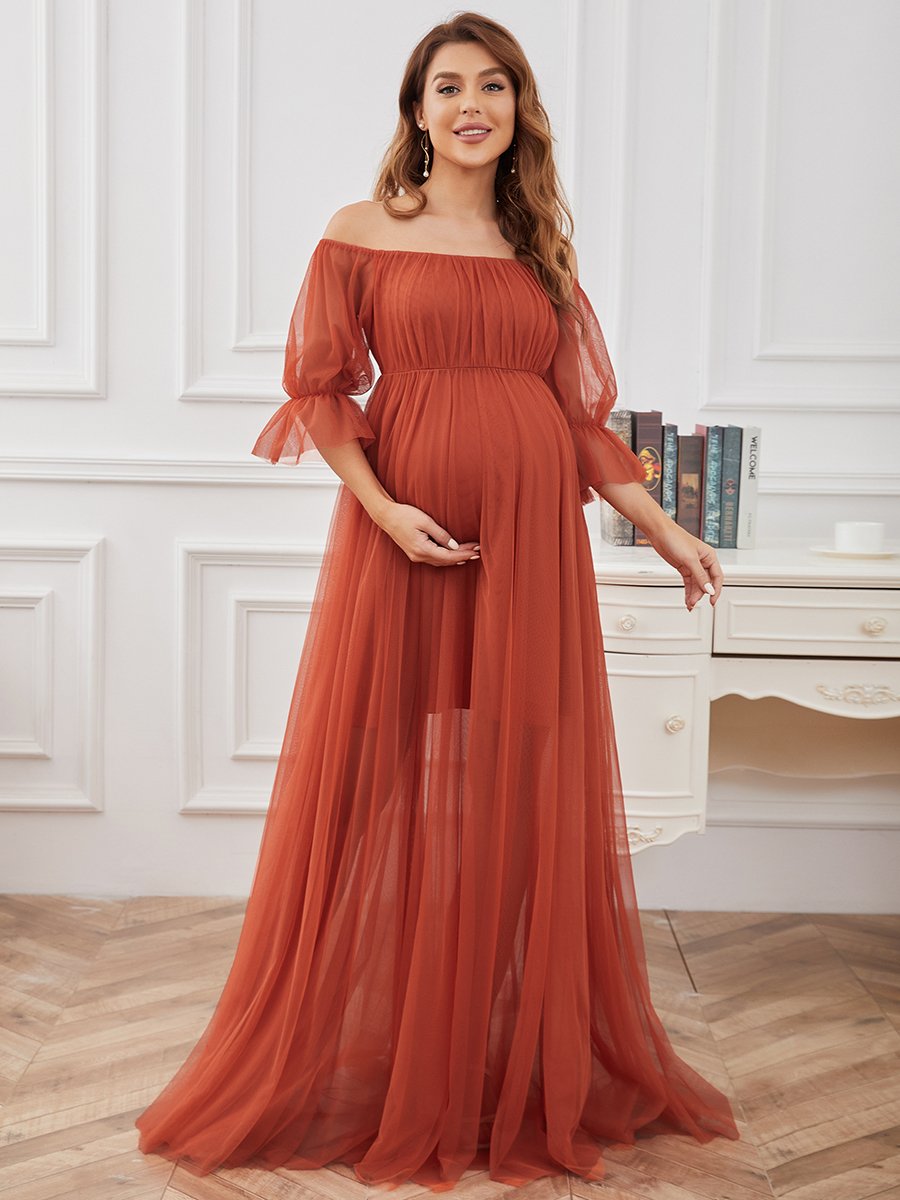 Color=Burnt Orange | A Line Short Puff Sleeves Wholesale Maternity Dresses-Burnt Orange 3