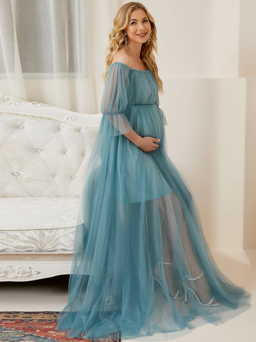 Color=Dusty blue | A Line Short Puff Sleeves Wholesale Maternity Dresses-Dusty blue 4