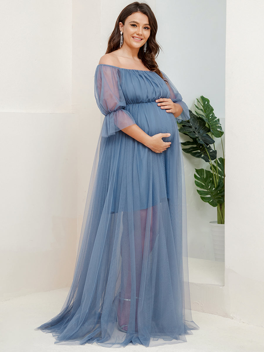 Color=Dusty Blue | A Line Short Puff Sleeves Wholesale Maternity Dresses-Dusty Blue 3