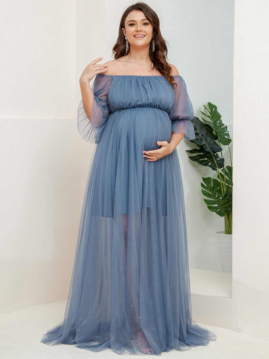 Color=Dusty Blue | A Line Short Puff Sleeves Wholesale Maternity Dresses-Dusty Blue 4