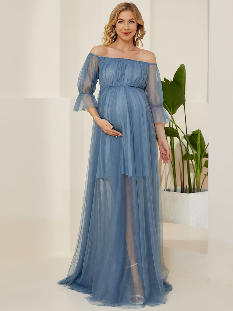 Color=Dusty Blue | A Line Short Puff Sleeves Wholesale Maternity Dresses-Dusty Blue 3