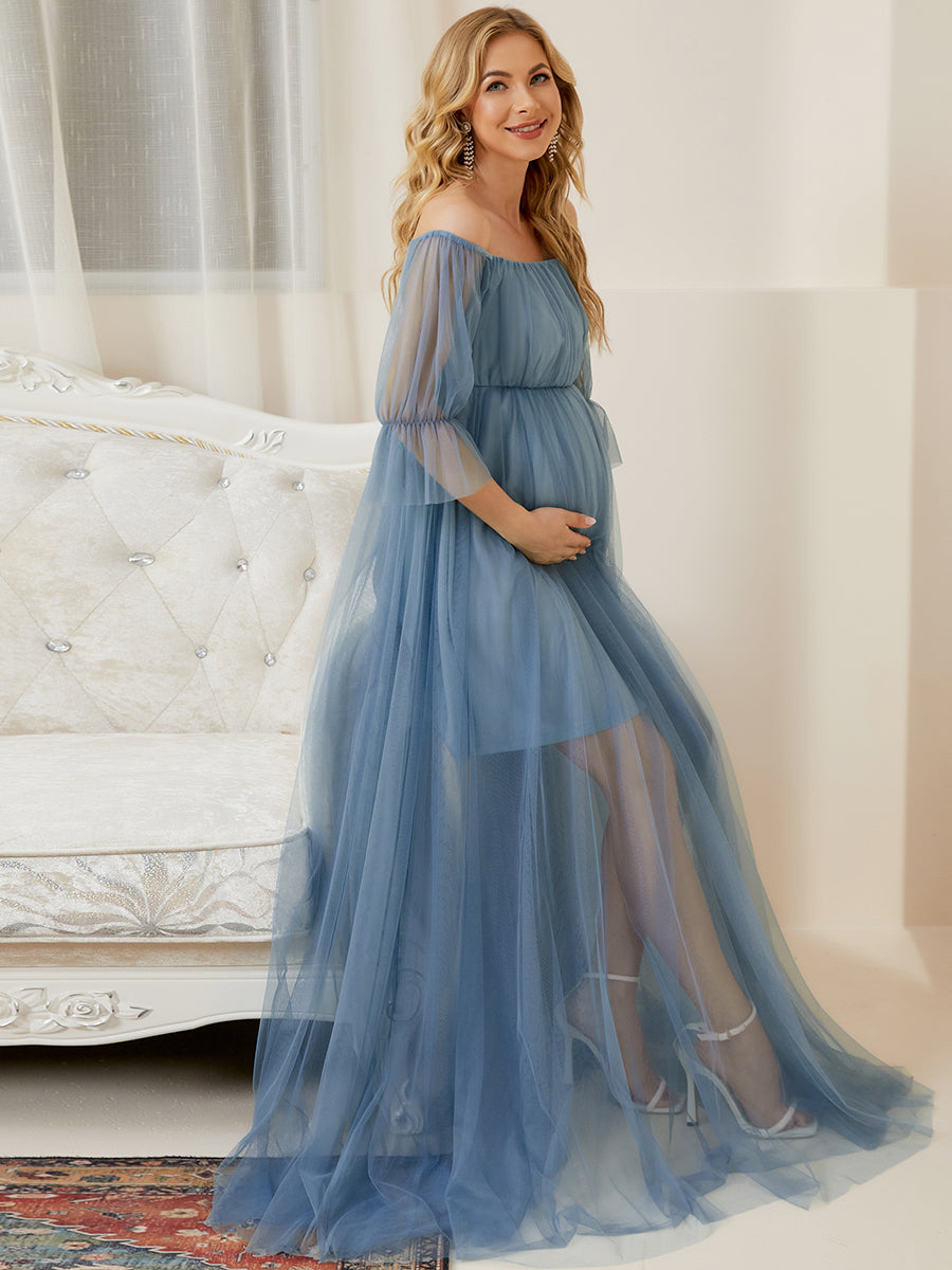 Color=Dusty Blue | A Line Short Puff Sleeves Wholesale Maternity Dresses-Dusty Blue 4