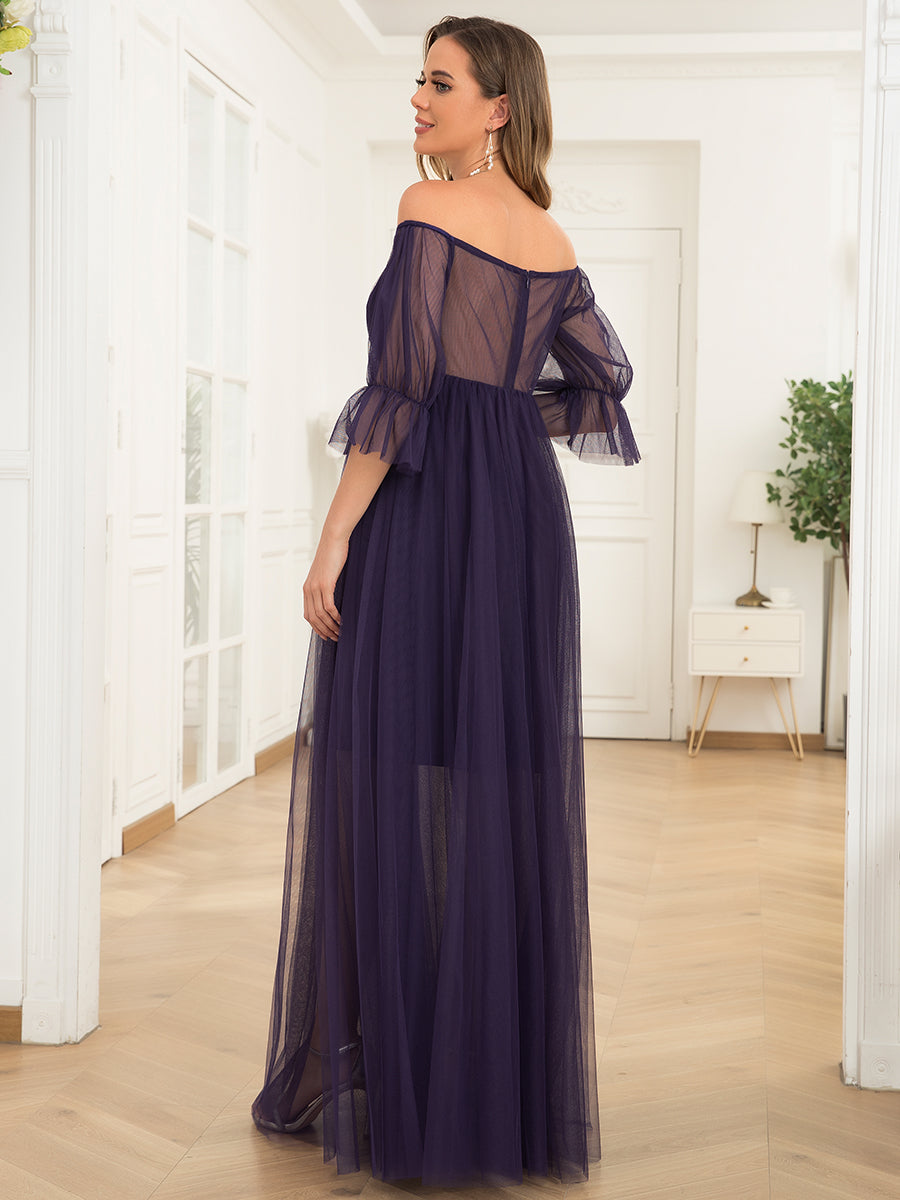 Color=Dark Purple | A Line Short Puff Sleeves Wholesale Maternity Dresses-Dark Purple 2