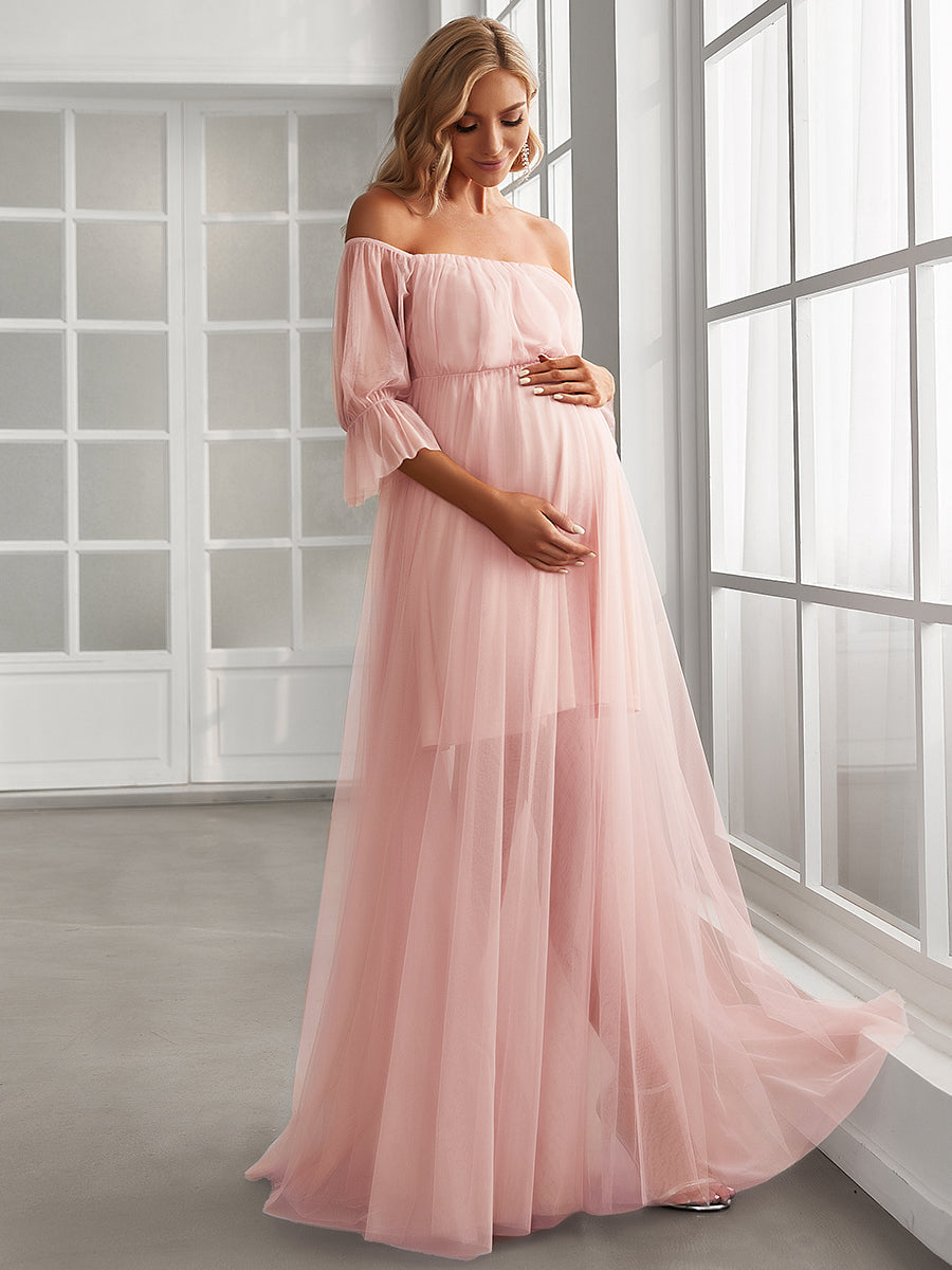 Color=Pink | A Line Short Puff Sleeves Wholesale Maternity Dresses-Pink 3