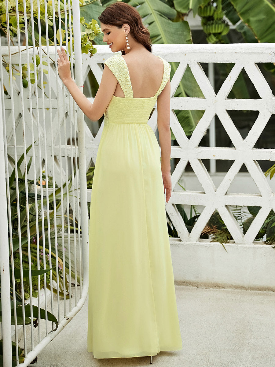 Color=Yellow | elegant-a-line-chiffon-wholesale-bridesmaid-dress-with-lace-bodice-ez07704-Yellow 2