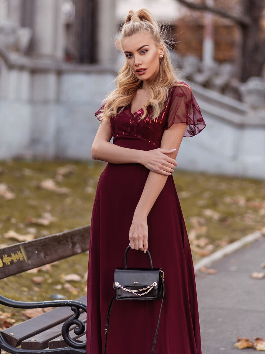 Color=Burgundy | Floral Lace Sequin Print Evening Dresses With Cap Sleeve Ez07706-Burgundy 3