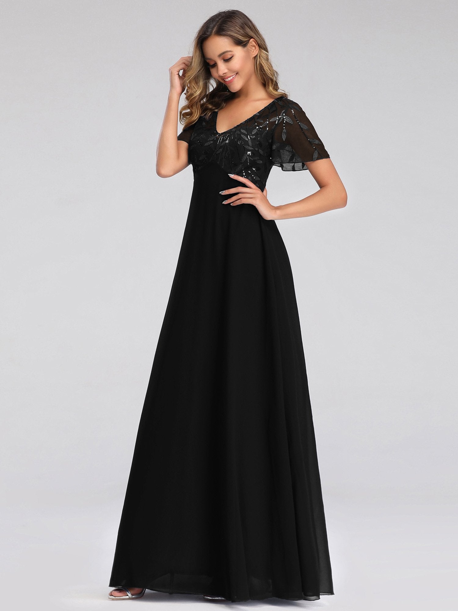 Color=Black | Floral Lace Sequin Print Evening Dresses  With Cap Sleeve Ez07706-Black 4