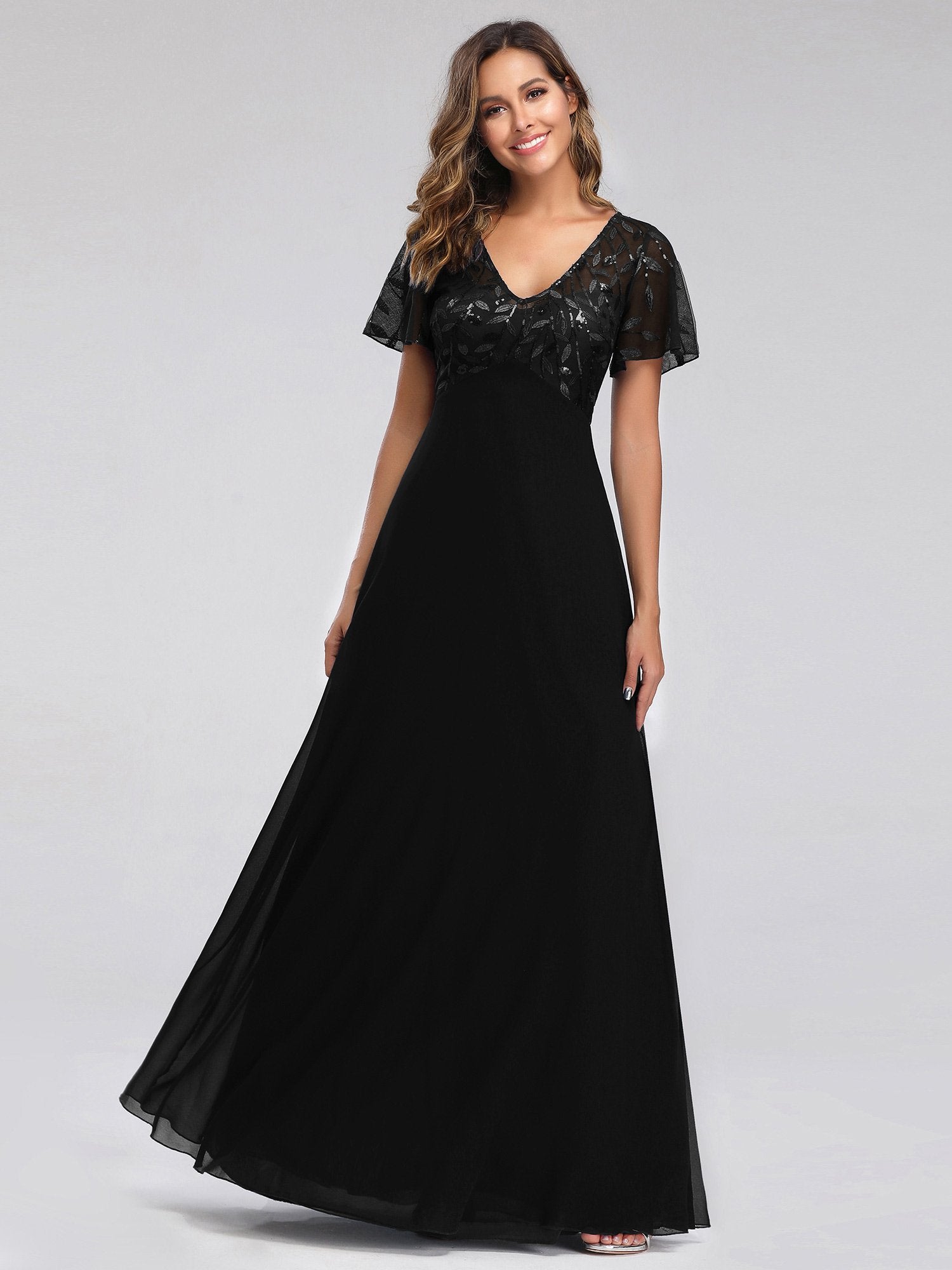 Color=Black | Floral Lace Sequin Print Evening Dresses  With Cap Sleeve Ez07706-Black 1