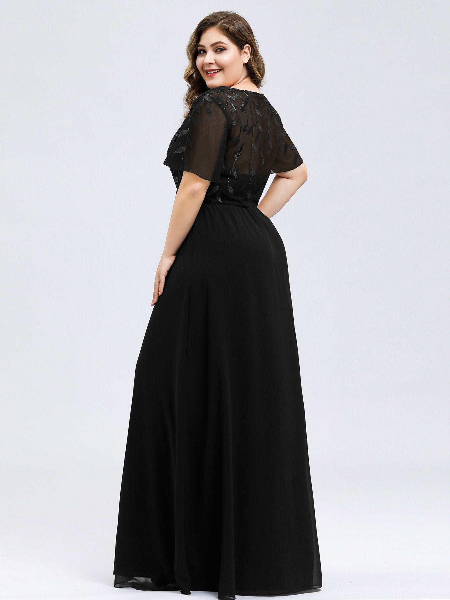 Color=Black | Plus Size Floral Lace Sequin Print Evening Dresses  With Cap Sleeve Ez07706-Black 2