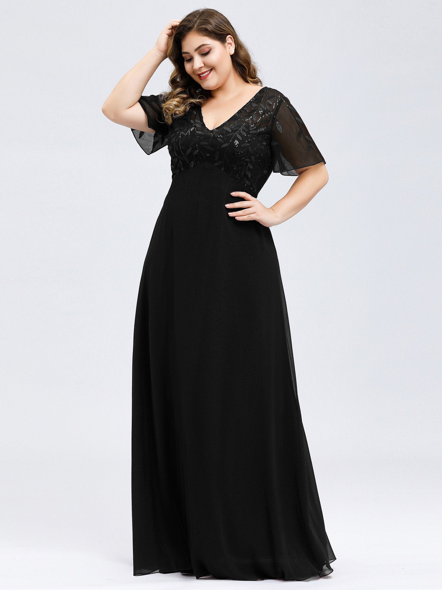 Color=Black | Floral Lace Sequin Print Evening Dresses  With Cap Sleeve Ez07706-Black 8