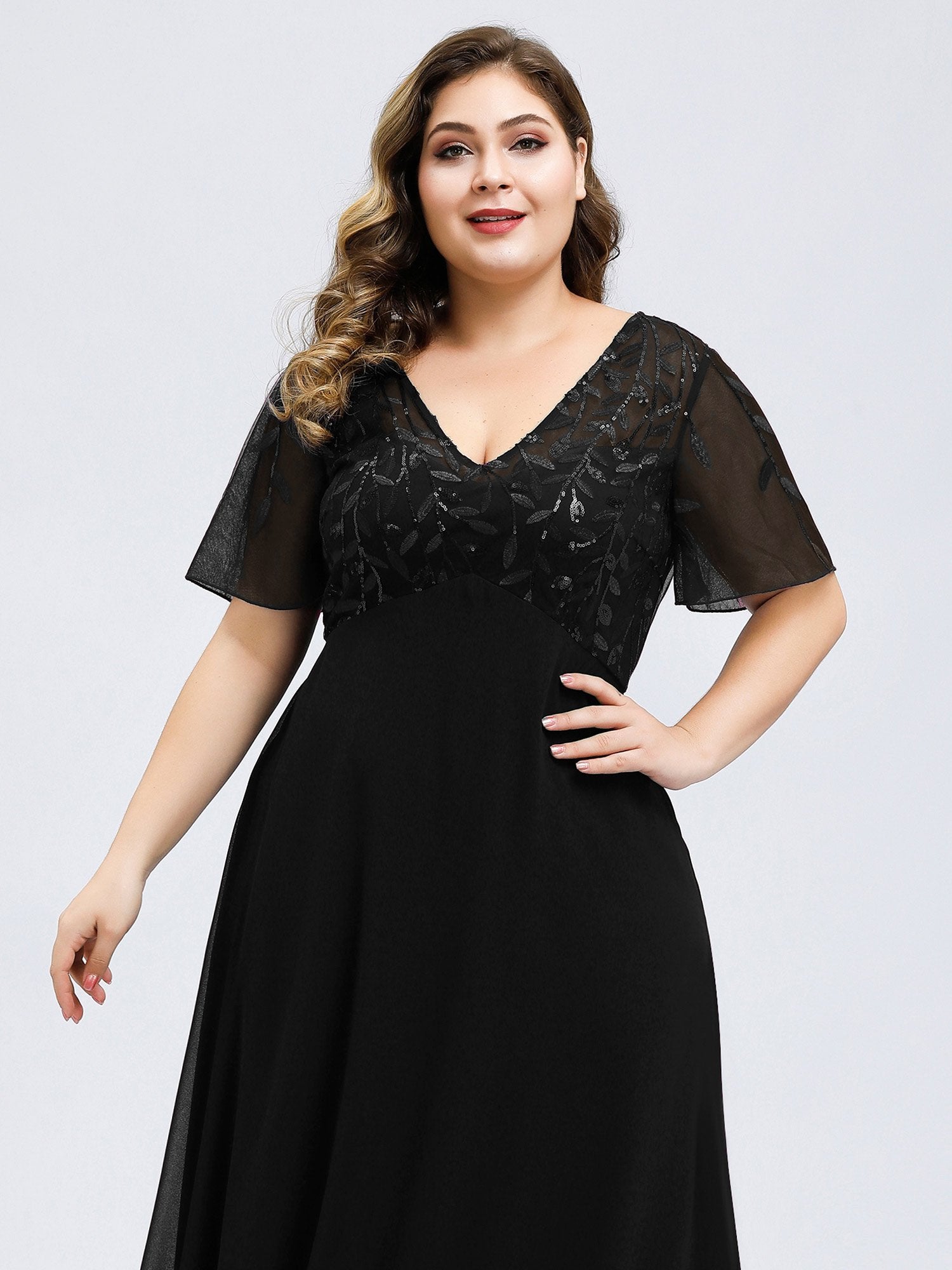 Color=Black | Plus Size Floral Lace Sequin Print Evening Dresses  With Cap Sleeve Ez07706-Black 5
