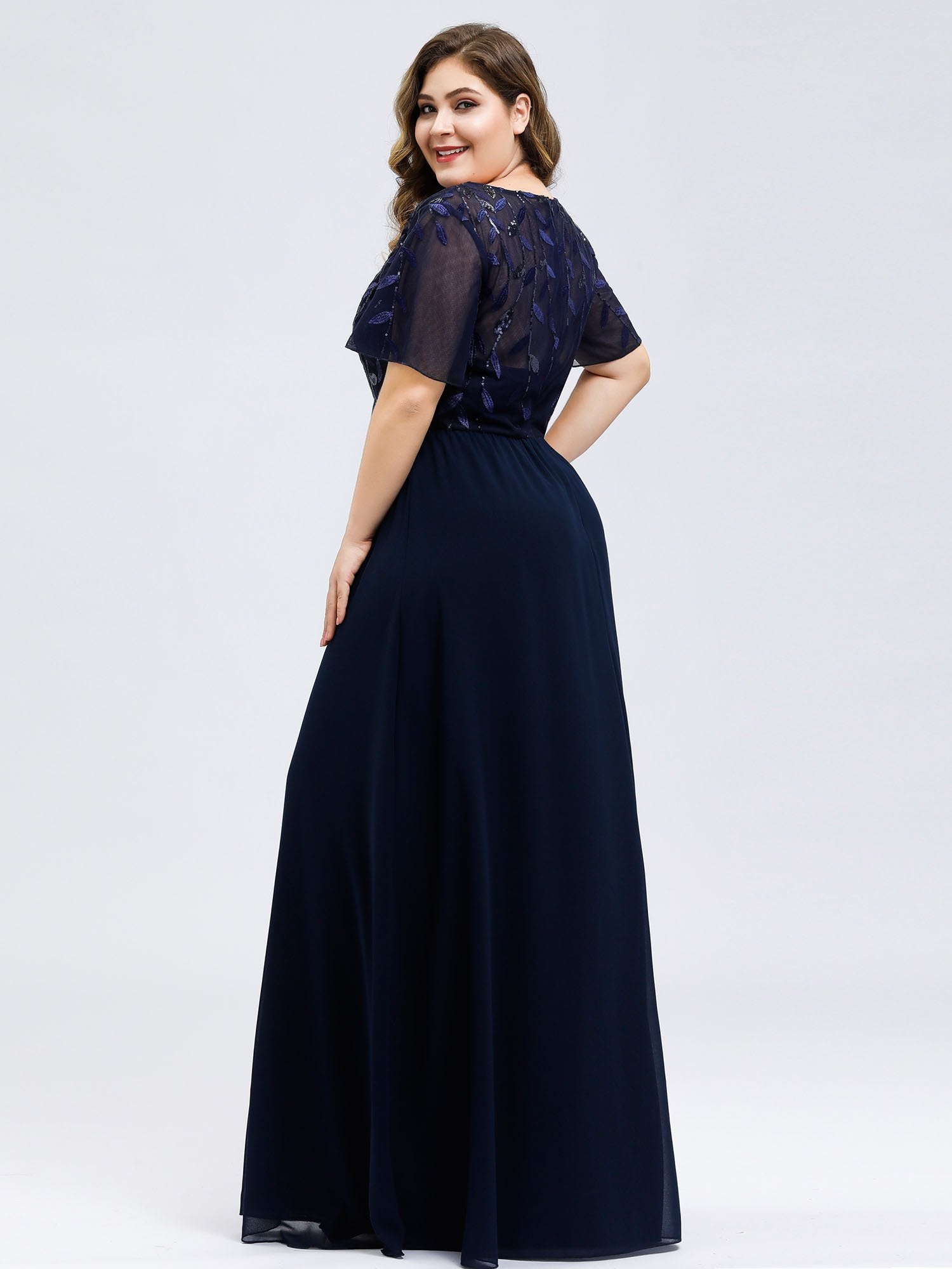 Color=Navy Blue | Plus Size Floral Lace Sequin Print Evening Dresses  With Cap Sleeve Ez07706-Navy Blue 2