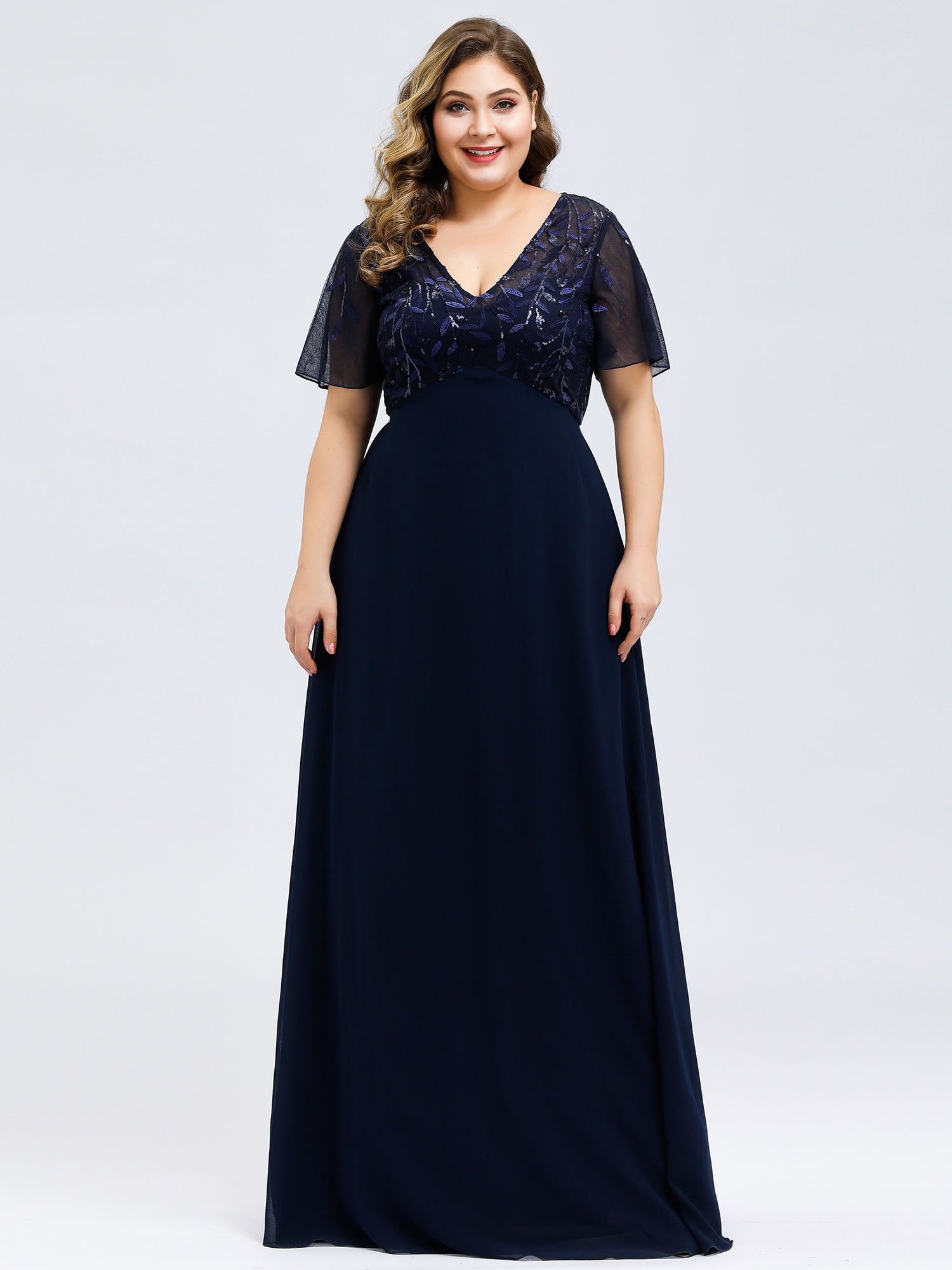 Color=Navy Blue | Plus Size Floral Lace Sequin Print Evening Dresses  With Cap Sleeve Ez07706-Navy Blue 4