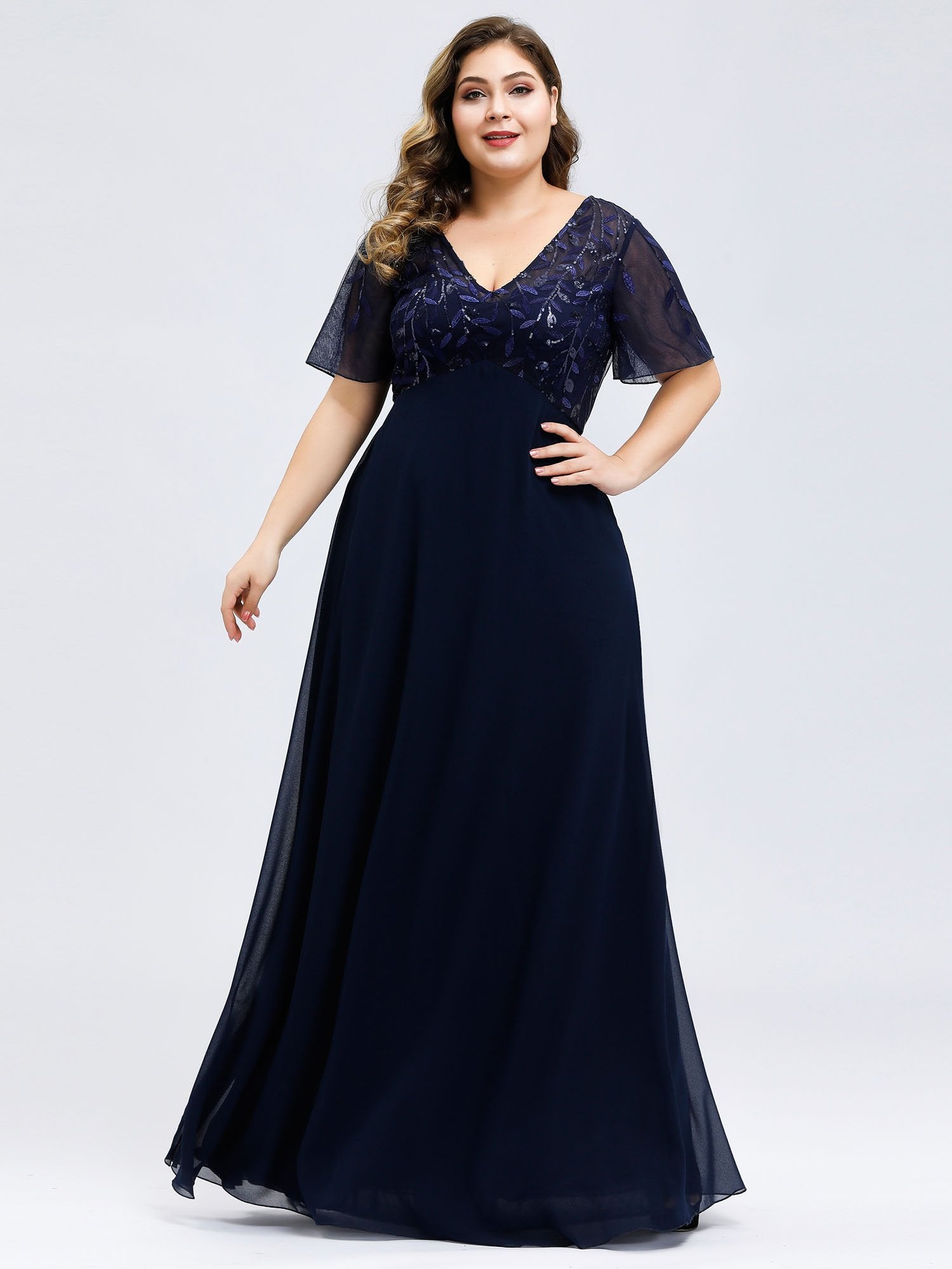 Color=Navy Blue | Plus Size Floral Lace Sequin Print Evening Dresses  With Cap Sleeve Ez07706-Navy Blue 1