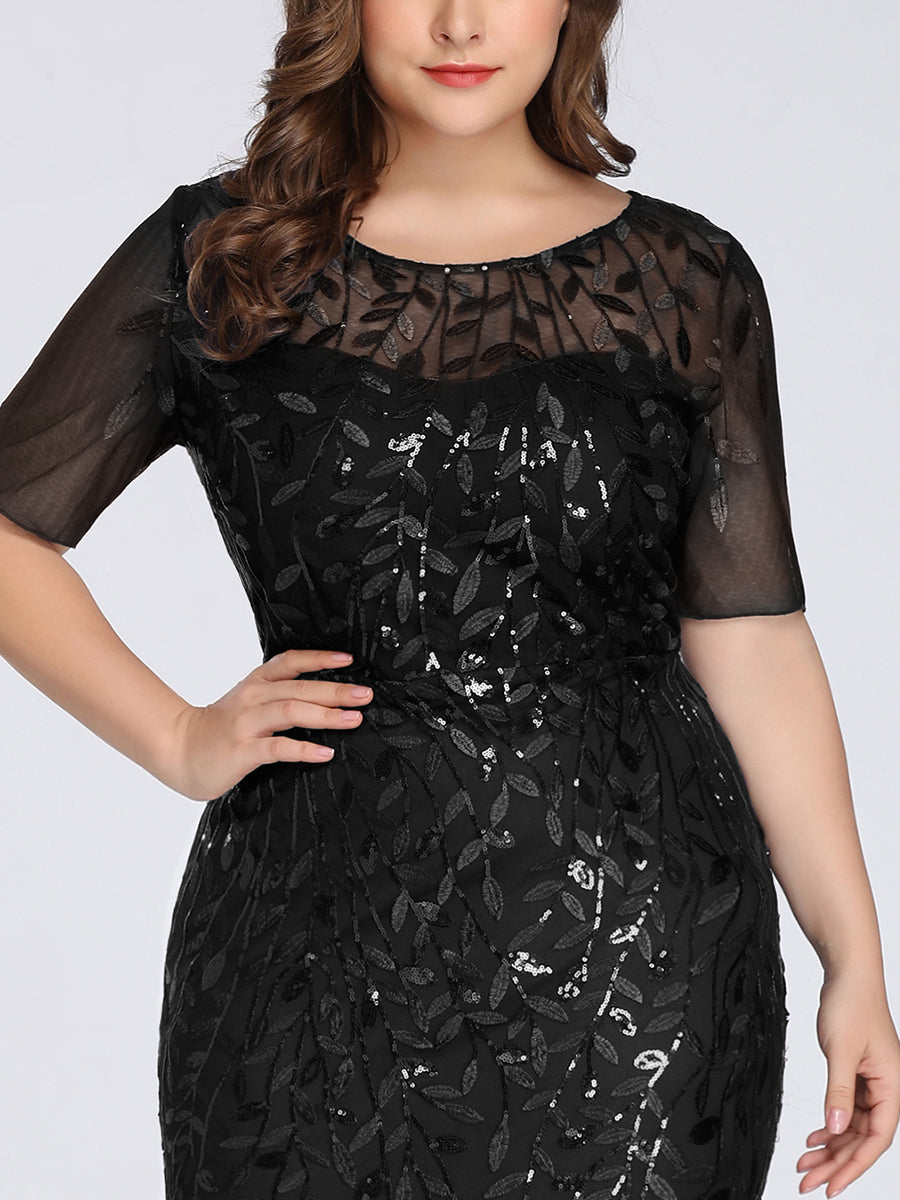 Color=Black | Plus Size Floral Sequin Print Fishtail Tulle Dresses for Party-Black 5