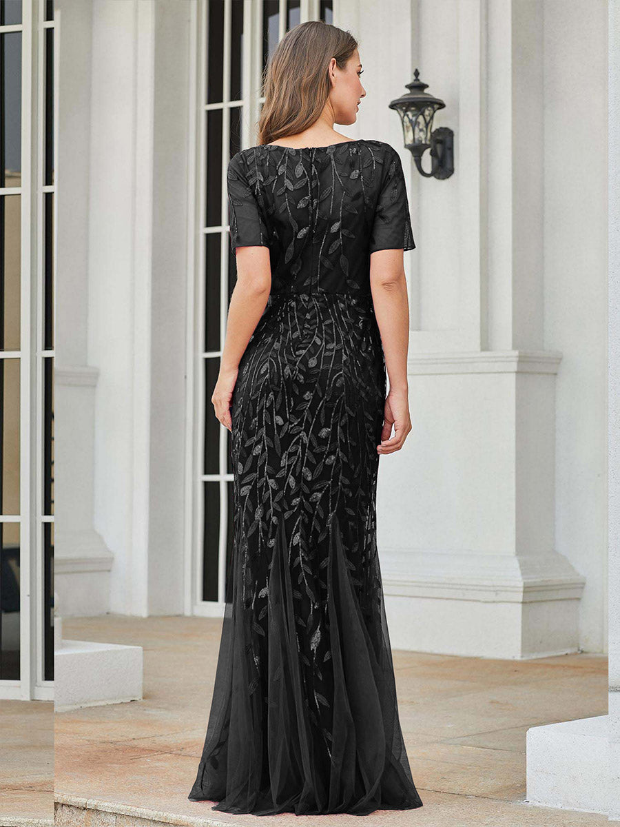 Color=Black | Women'S Floral Sequin Print Fishtail Tulle Dresses For Party-Black 3