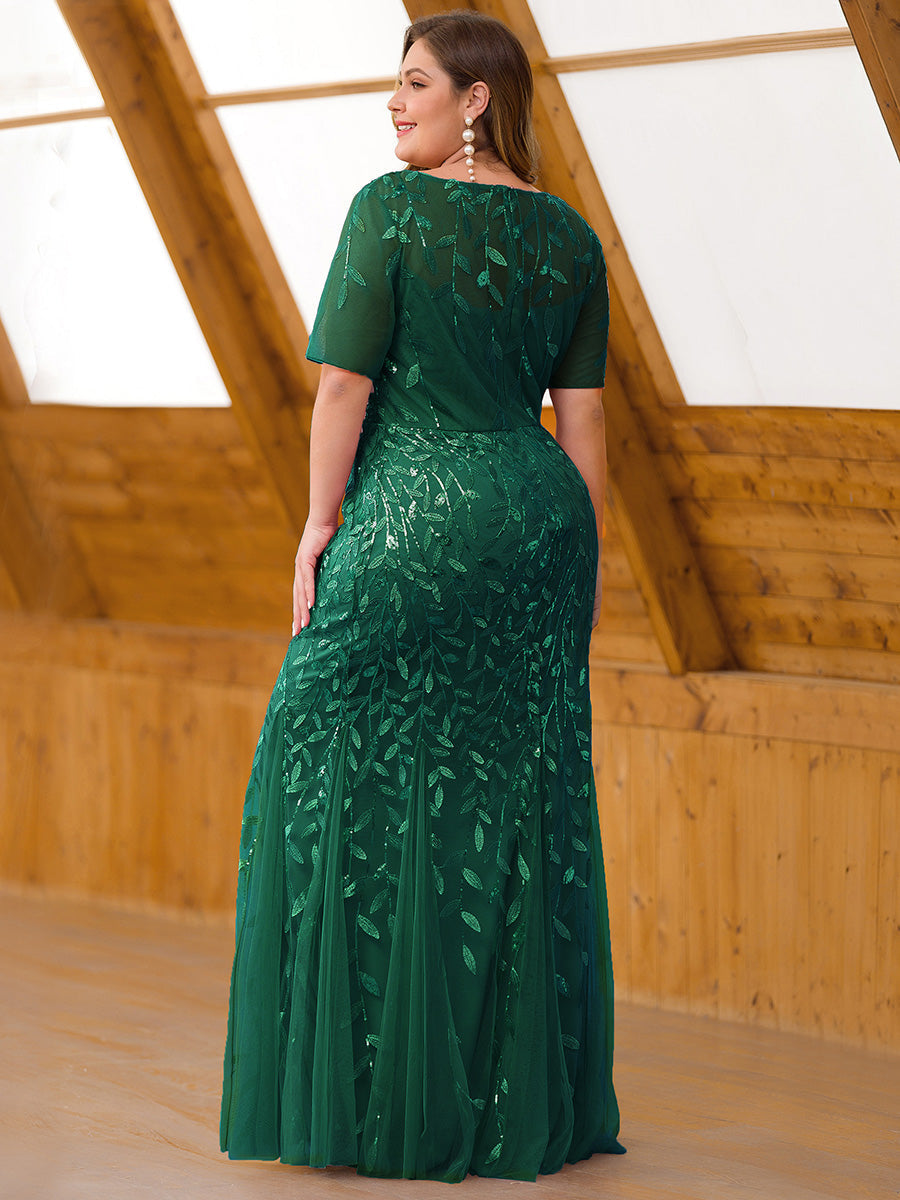 Color=Dark Green | Plus Size Floral Sequin Print Fishtail Tulle Dresses for Party-Dark Green 2
