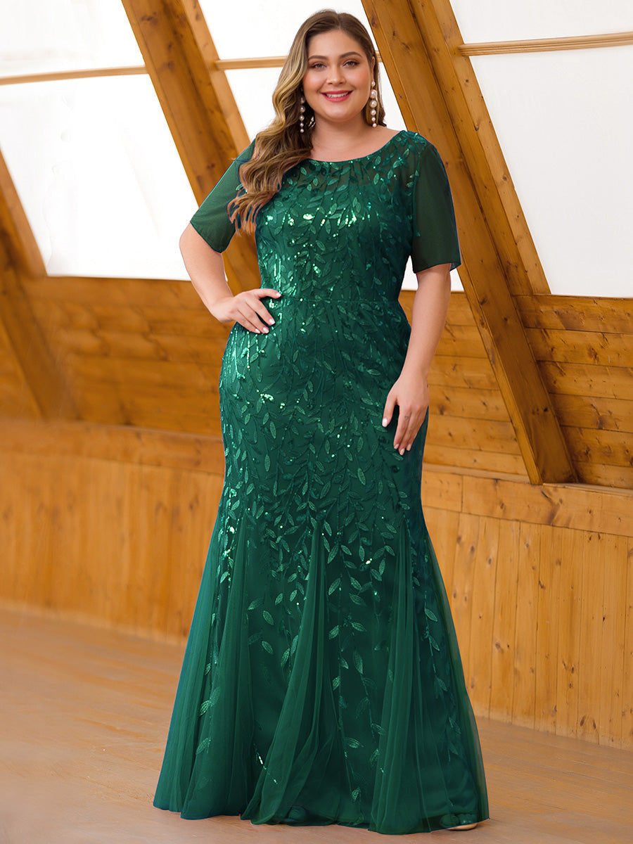 Color=Dark Green | Plus Size Floral Sequin Print Fishtail Tulle Dresses for Party-Dark Green 1