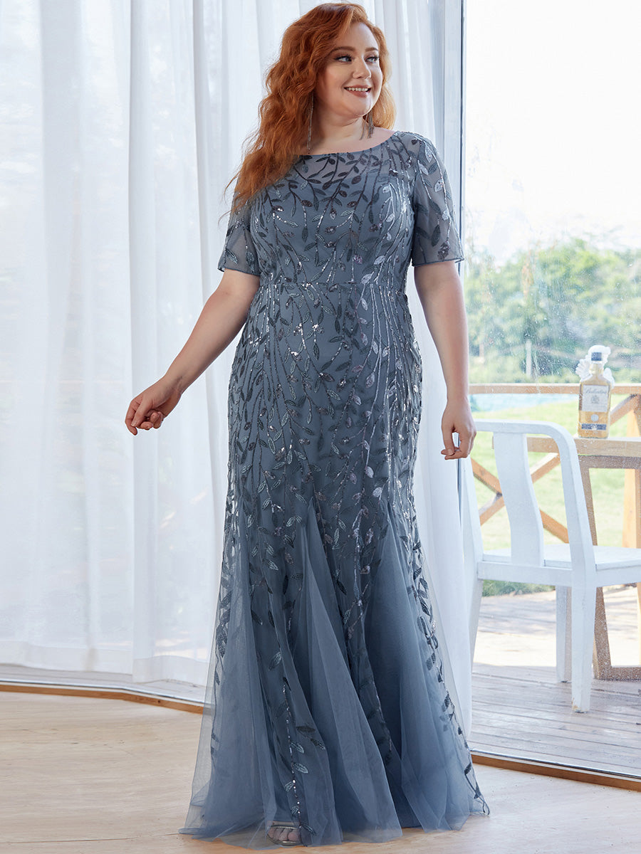 Color=Dusty Navy | Plus Size Floral Sequin Print Fishtail Tulle Dresses for Party-Dusty Navy 4
