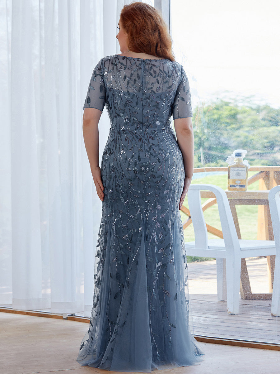 Color=Dusty Blue | Plus Size Floral Sequin Print Fishtail Tulle Dresses for Party-Dusty Blue 2