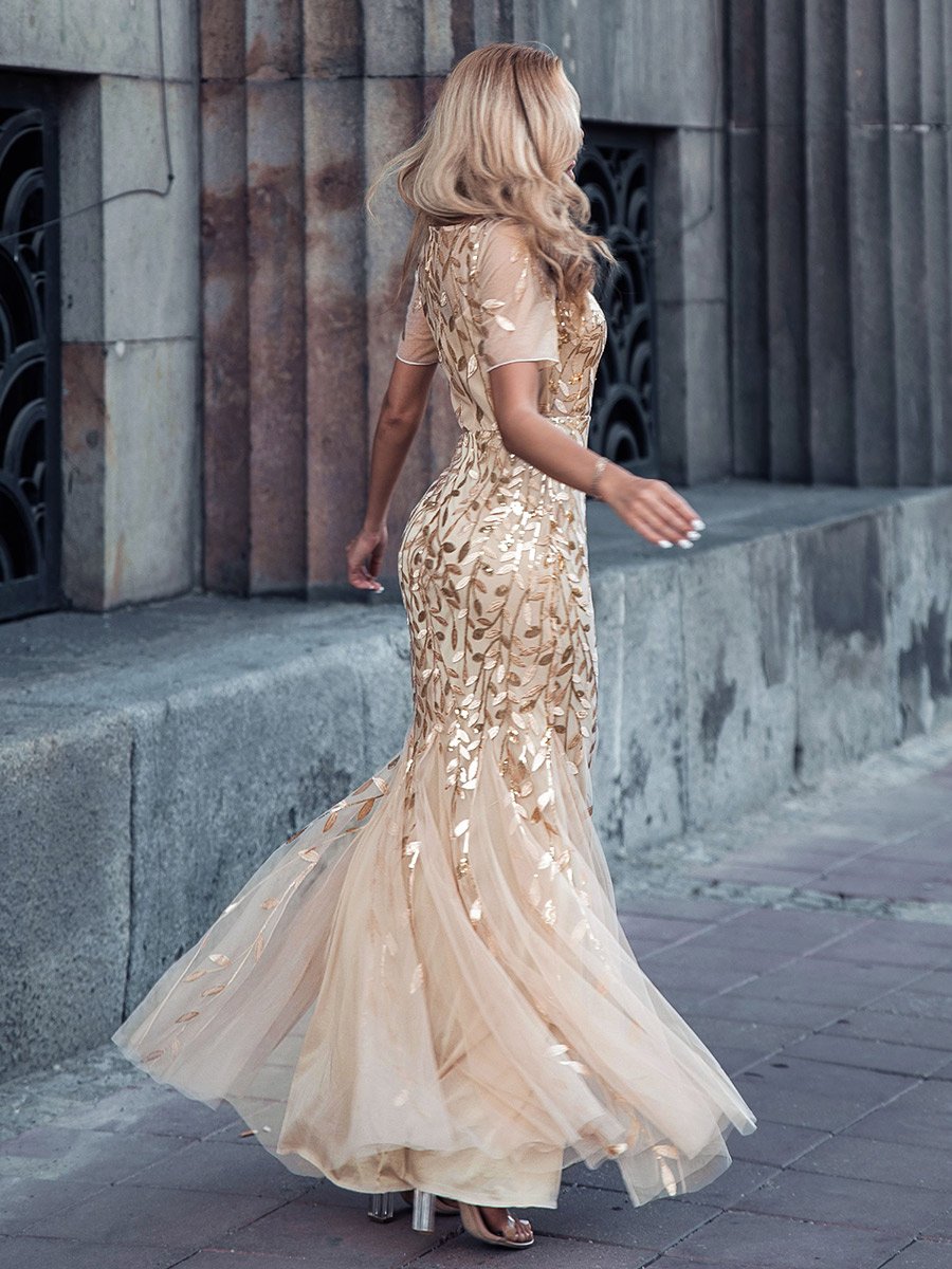 Color=Gold | Women'S Floral Sequin Print Fishtail Tulle Dresses For Party-Gold 2