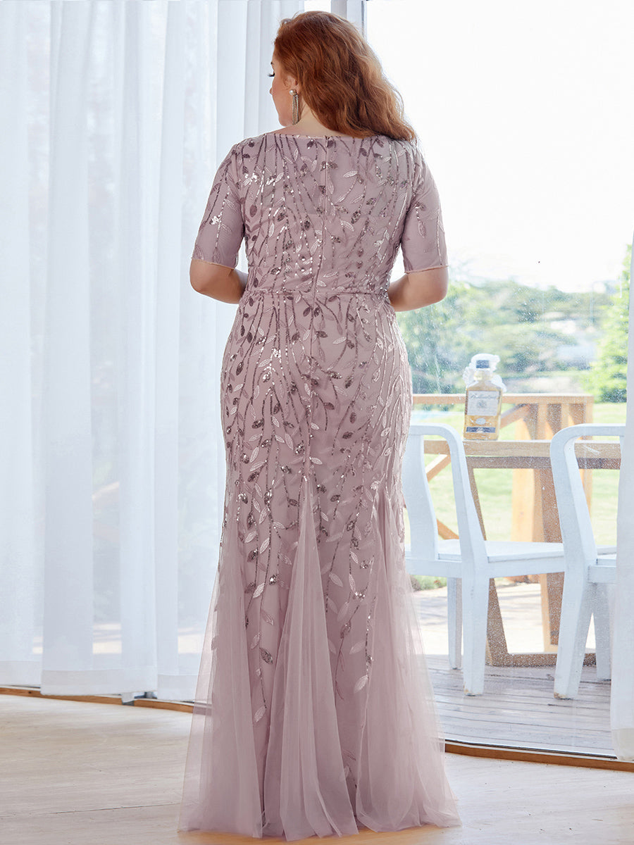 Color=Lilac | Plus Size Floral Sequin Print Fishtail Tulle Dresses for Party-Lilac 2
