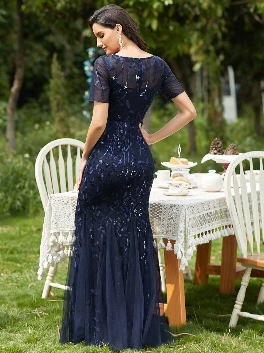 Color=Navy Blue | Women'S Floral Sequin Print Fishtail Tulle Dresses For Party-Navy Blue 2