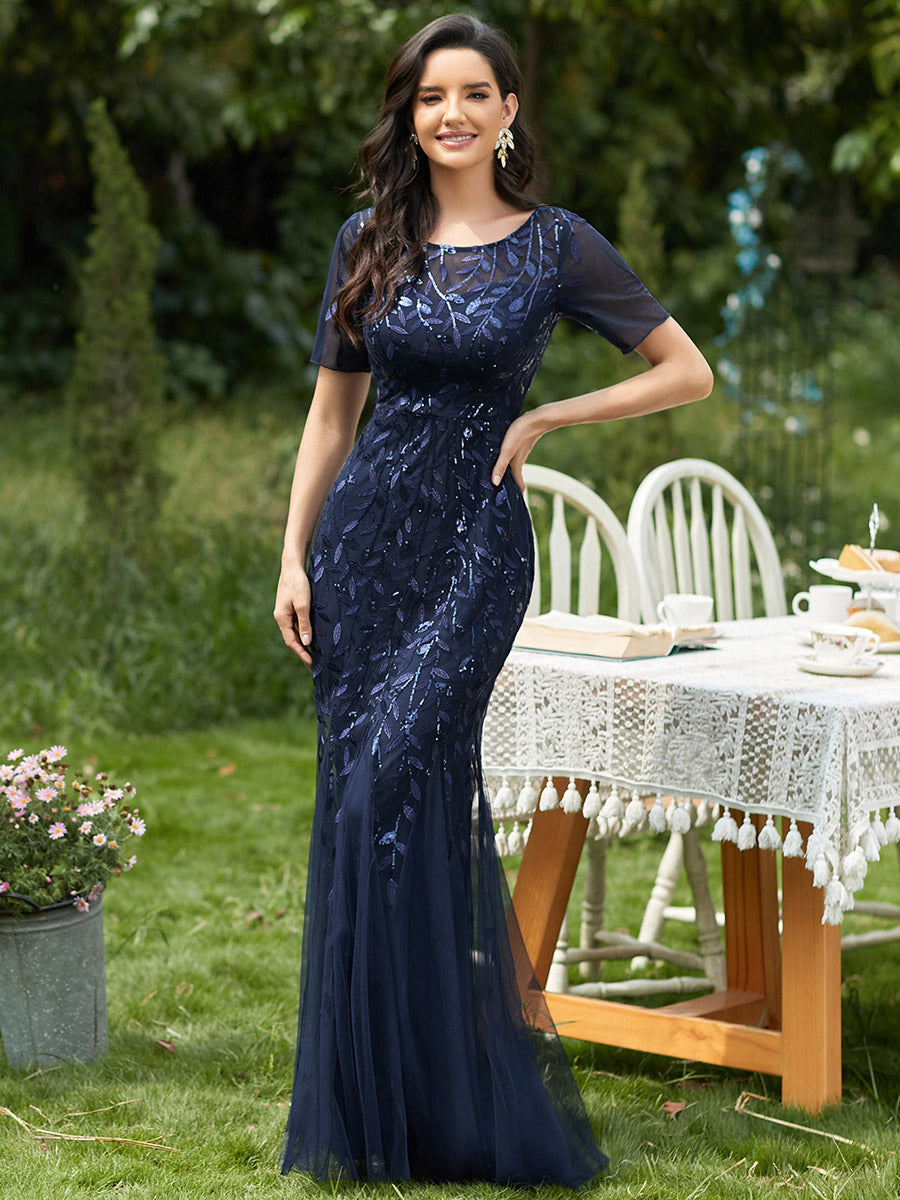 Color=Navy Blue | Women'S Floral Sequin Print Fishtail Tulle Dresses For Party-Navy Blue 3