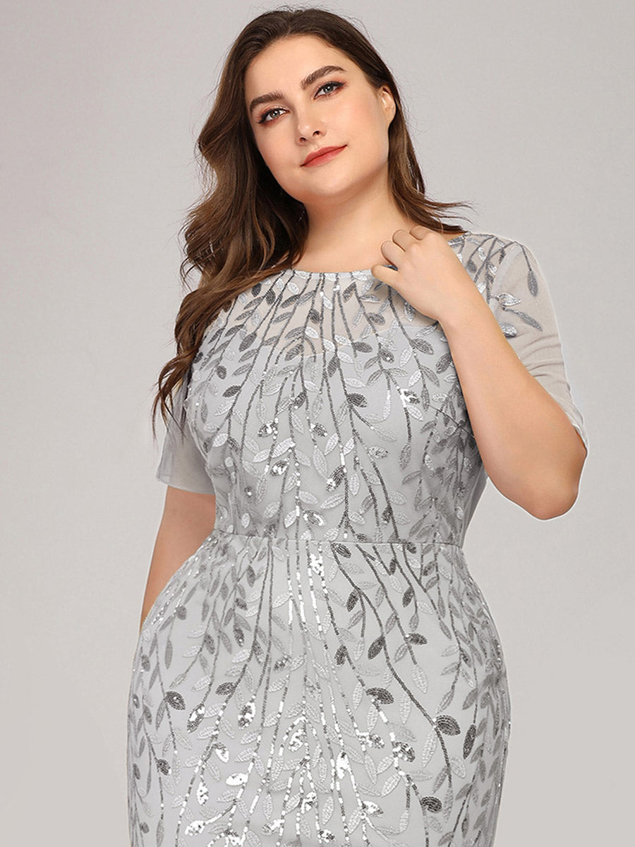 Color=Silver | Plus Size Floral Sequin Print Fishtail Tulle Dresses for Party-Silver 5