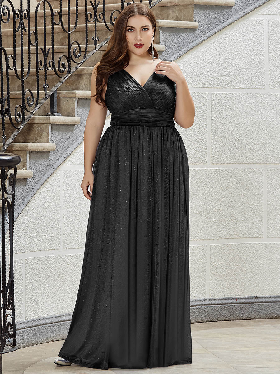 Color=Black | Double V Neck Maxi Long Plus Size Evening Dresses for Party-Black 3