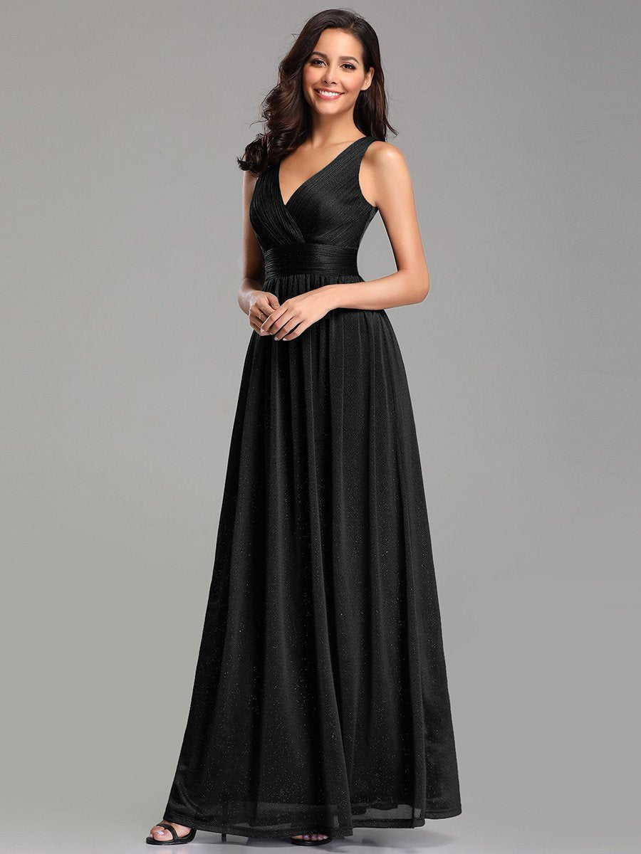 Color=Black | Double V Neck Floor Length Sparkly Wholesale Evening Dresses for Party-Black 3