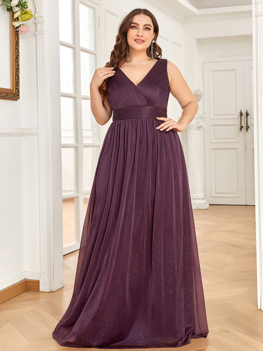 Color=Dark Purple | Double V Neck Maxi Long Plus Size Evening Dresses for Party-Dark Purple 2