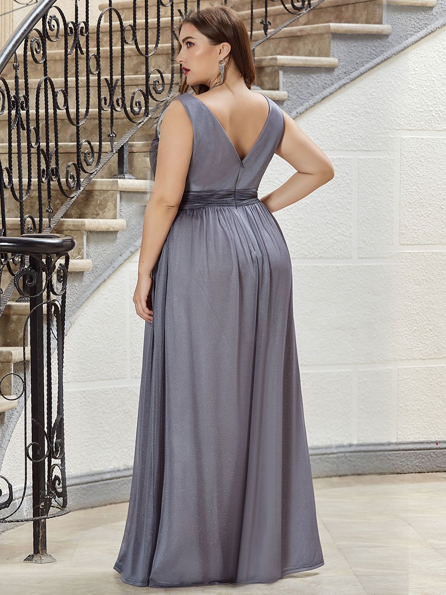 Color=Grey | Double V Neck Maxi Long Plus Size Evening Dresses for Party-Grey 2