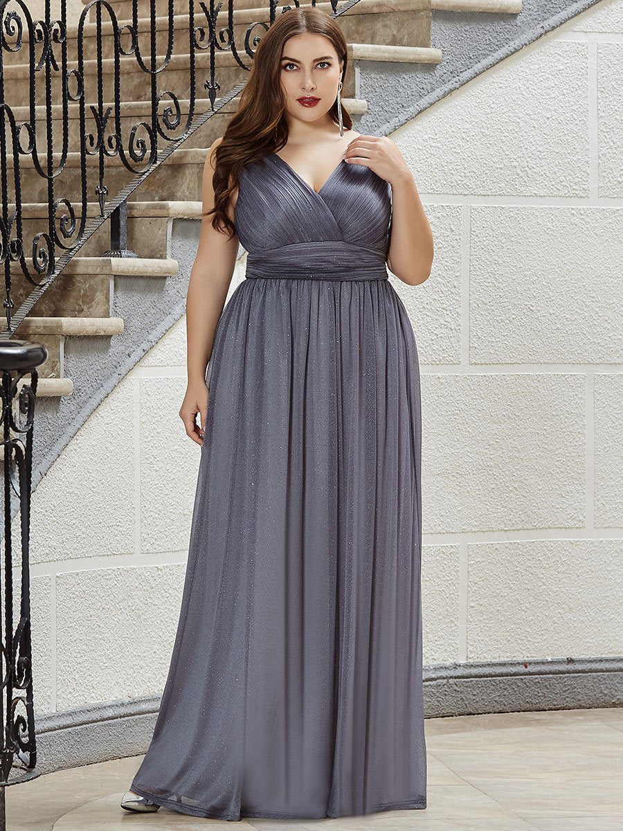Color=Grey | Double V Neck Maxi Long Plus Size Evening Dresses for Party-Grey 3