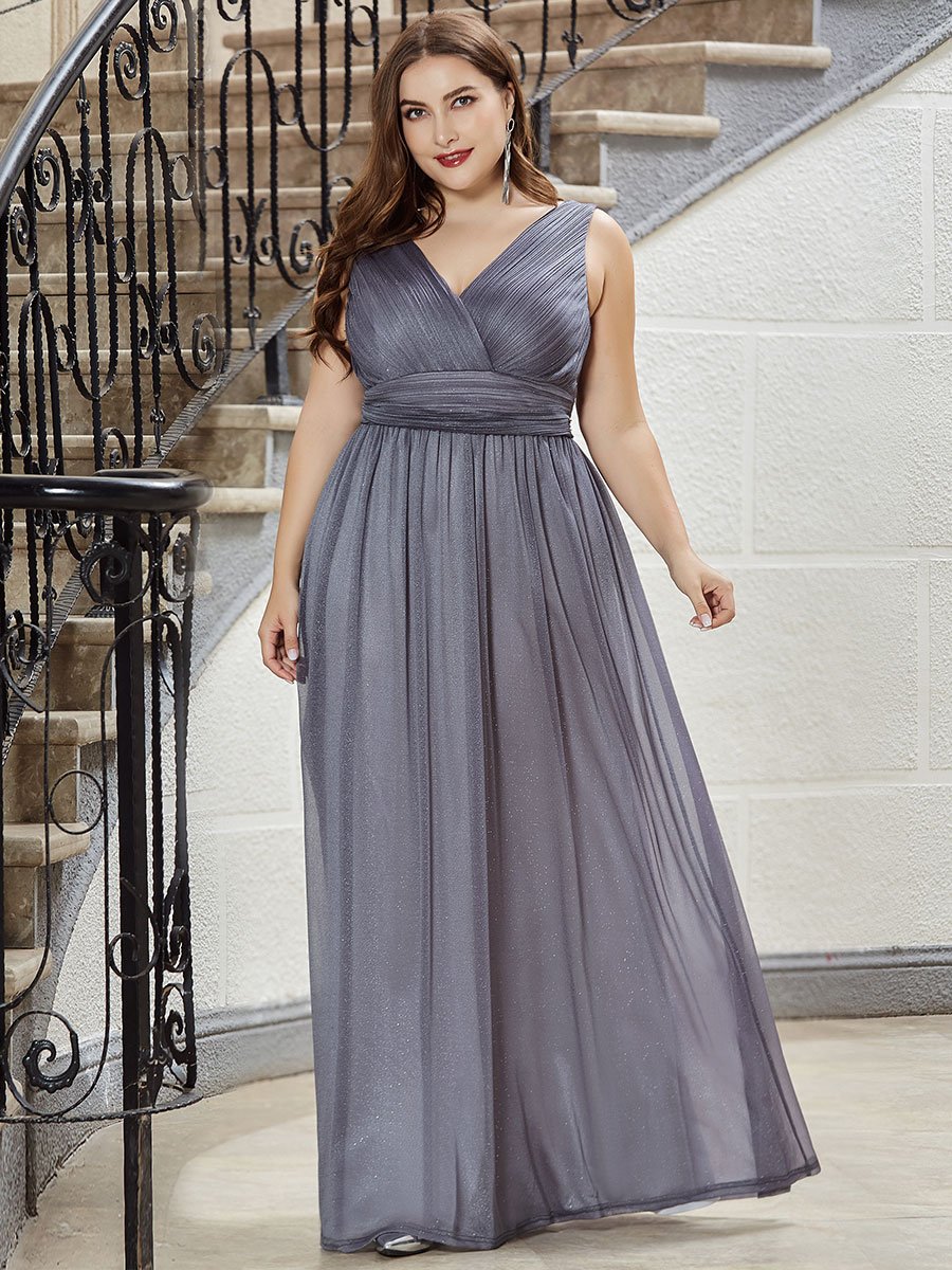 Color=Grey | Double V Neck Maxi Long Plus Size Evening Dresses for Party-Grey 1