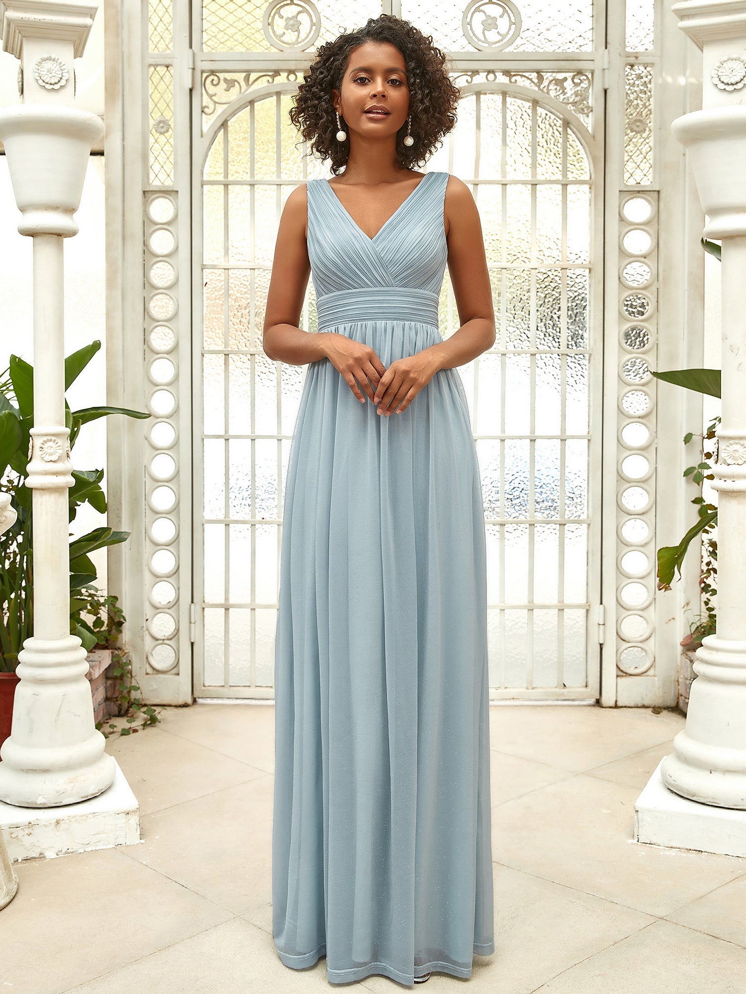 Color=Mist | Double V Neck Floor Length Sparkly Wholesale Evening Dresses for Party-Mist 3