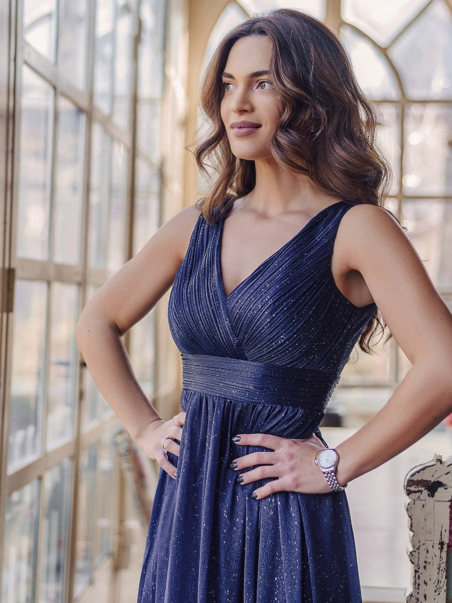 Color=Navy Blue | Double V Neck Floor Length Sparkly Wholesale Evening Dresses for Party-Navy Blue 6