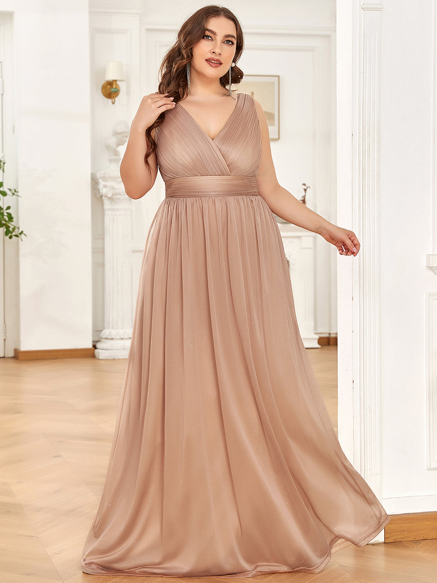Color=Rose Gold | Double V Neck Maxi Long Plus Size Evening Dresses for Party-Rose Gold 4