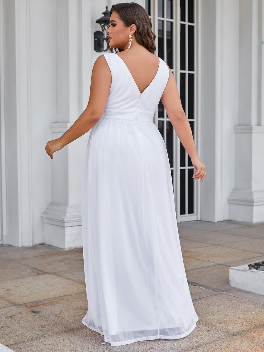 Color=White | Double V Neck Maxi Long Plus Size Evening Dresses for Party-White 2