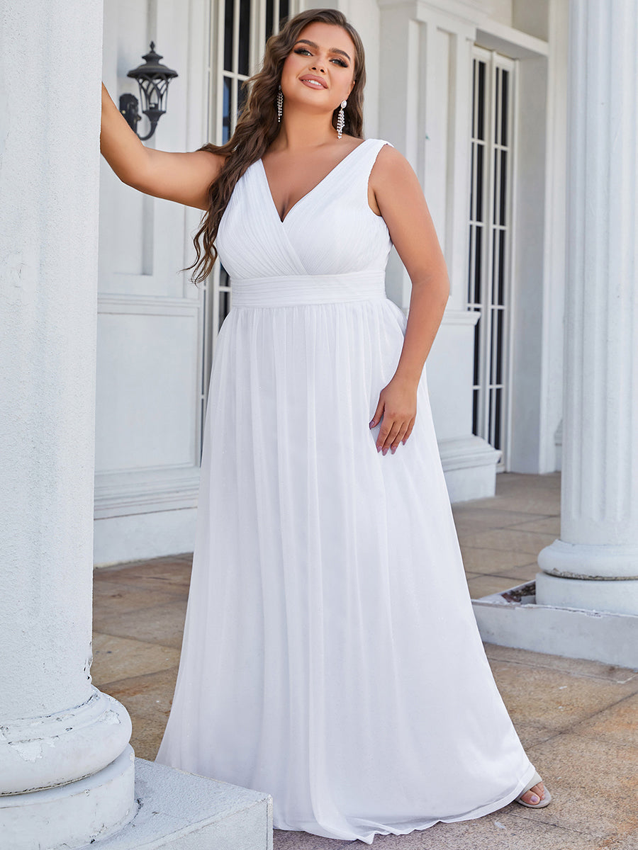 Color=White | Double V Neck Maxi Long Plus Size Evening Dresses for Party-White 1