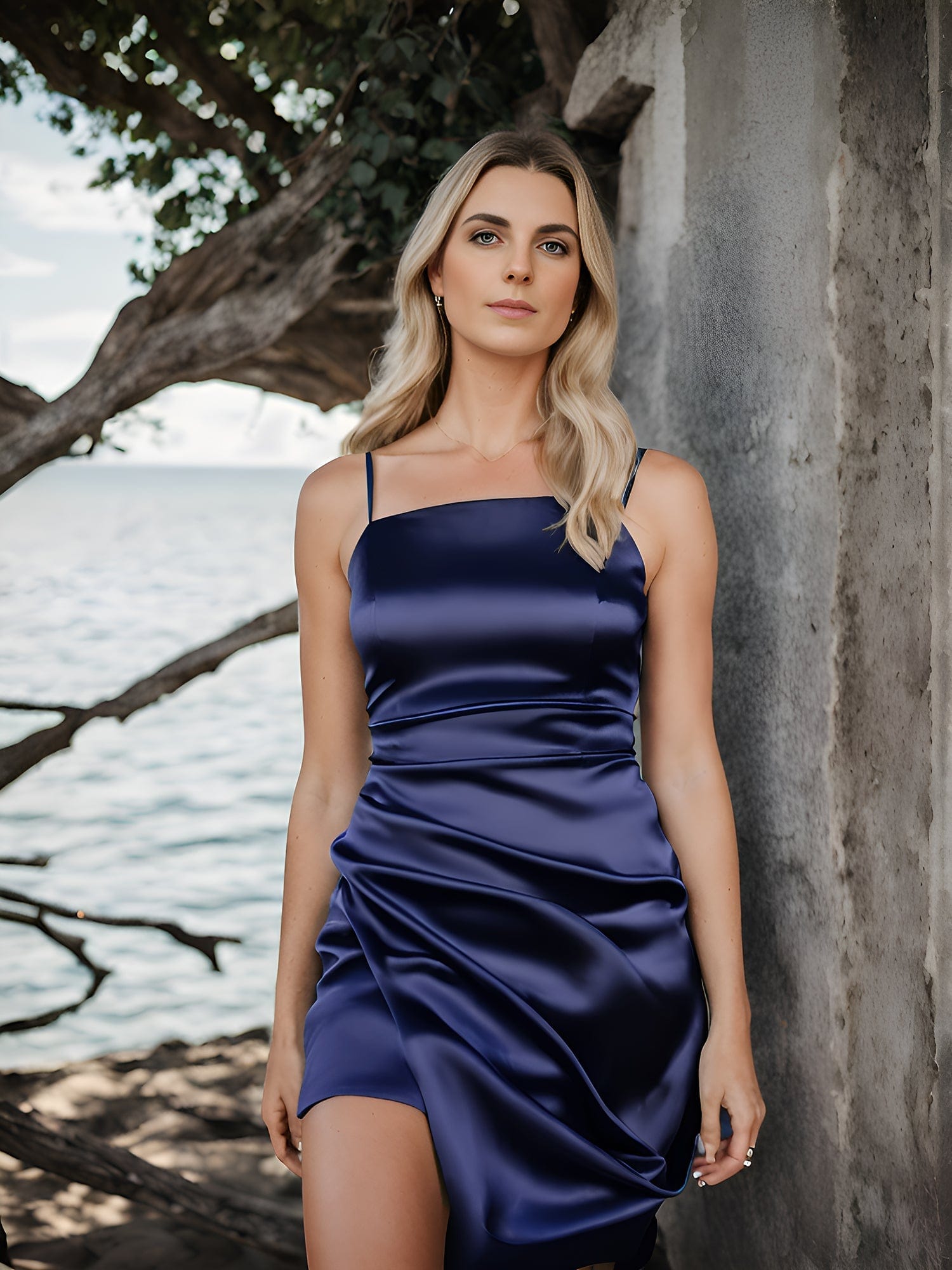 Spaghetti Straps Backless Pleated Satin Bodycon Homecoming Dress#color_Navy Blue