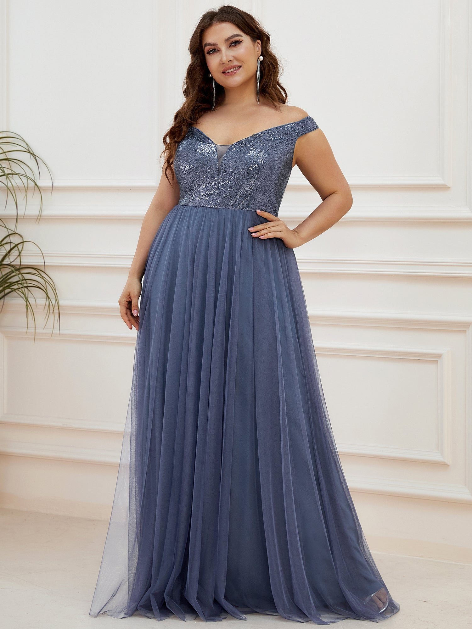 Color=Dusty Blue | Plus Size Wholesale High Waist Tulle & Sequin Sleevless Evening Dress-Dusty Blue 1