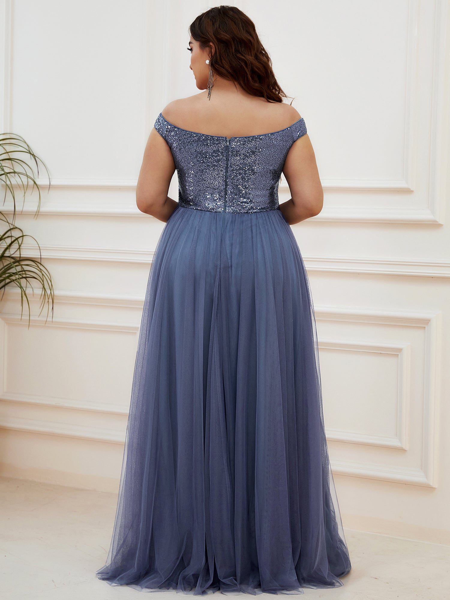 Color=Dusty Blue | Plus Size Wholesale High Waist Tulle & Sequin Sleevless Evening Dress-Dusty Blue 2