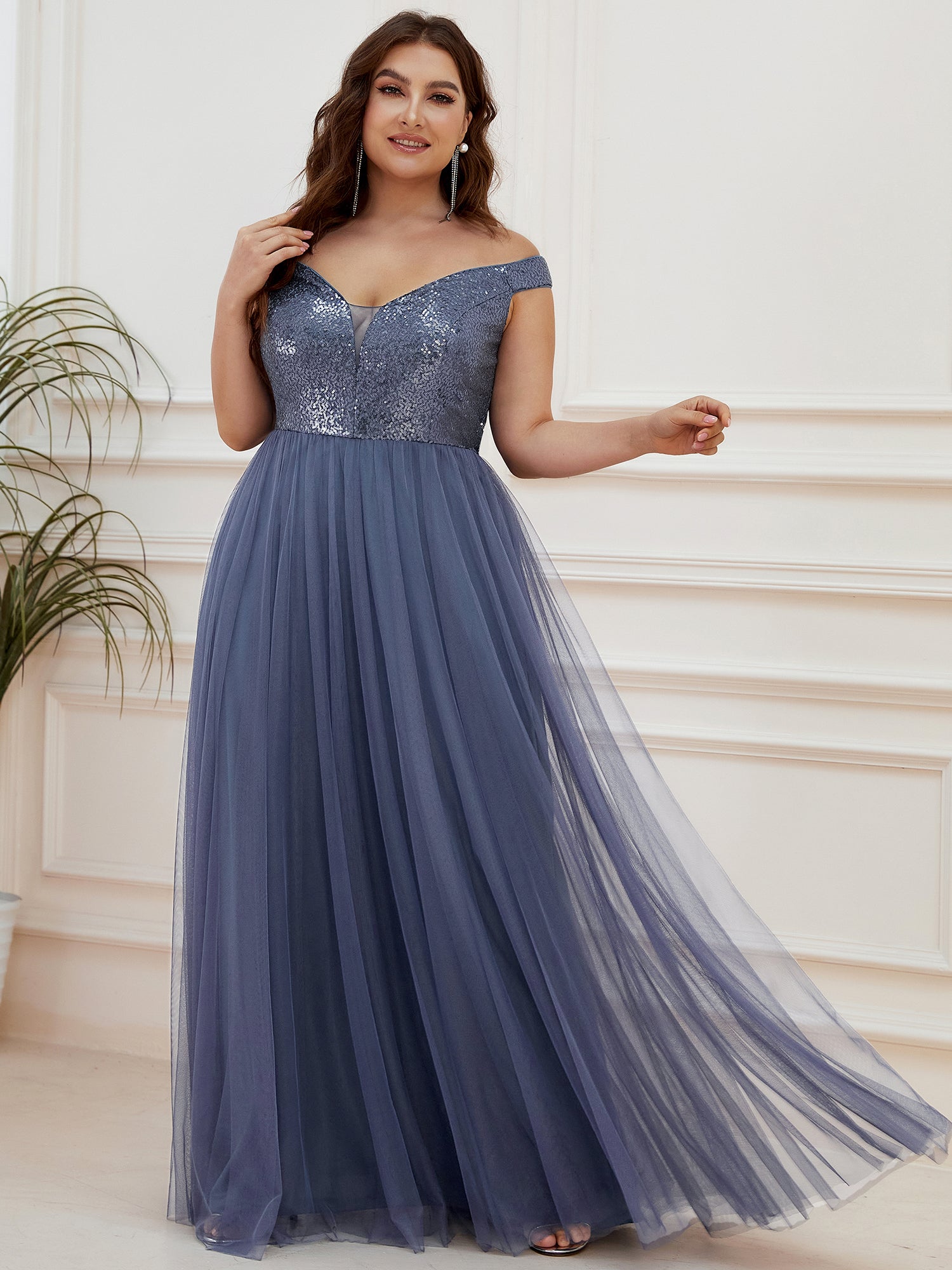 Color=Dusty Blue | Plus Size Wholesale High Waist Tulle & Sequin Sleevless Evening Dress-Dusty Blue 3